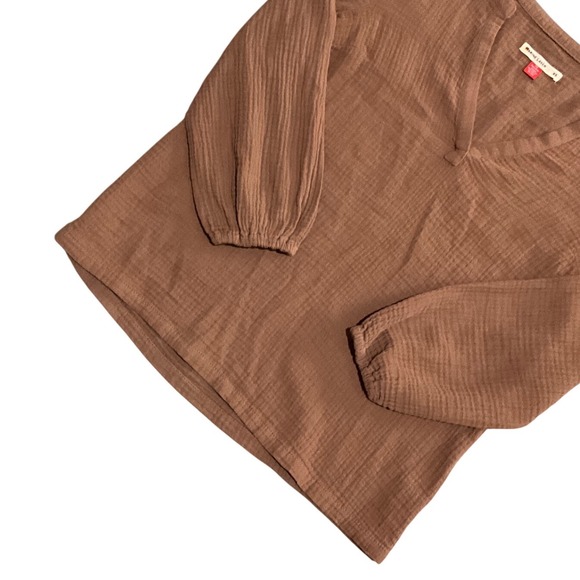 Marine Layer Brown Cotton Gauze Split Neck Boho 3/4 Sleeve Blouse Lightweight XS - Picture 4 of 10